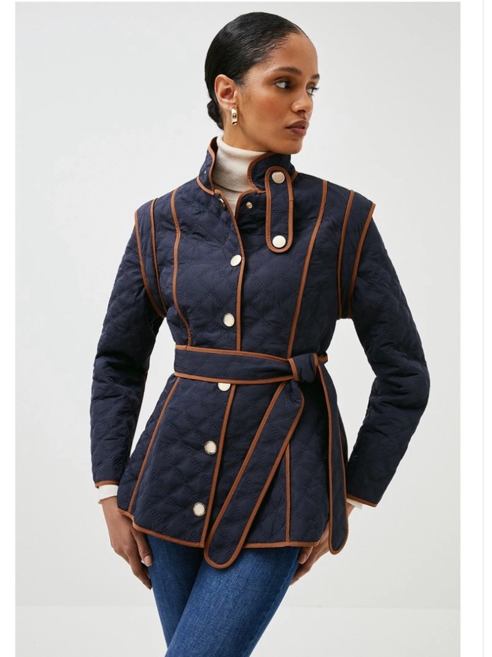 Karen Millen Quilted Belted Jacket with Contrast Piping Navy & Brown